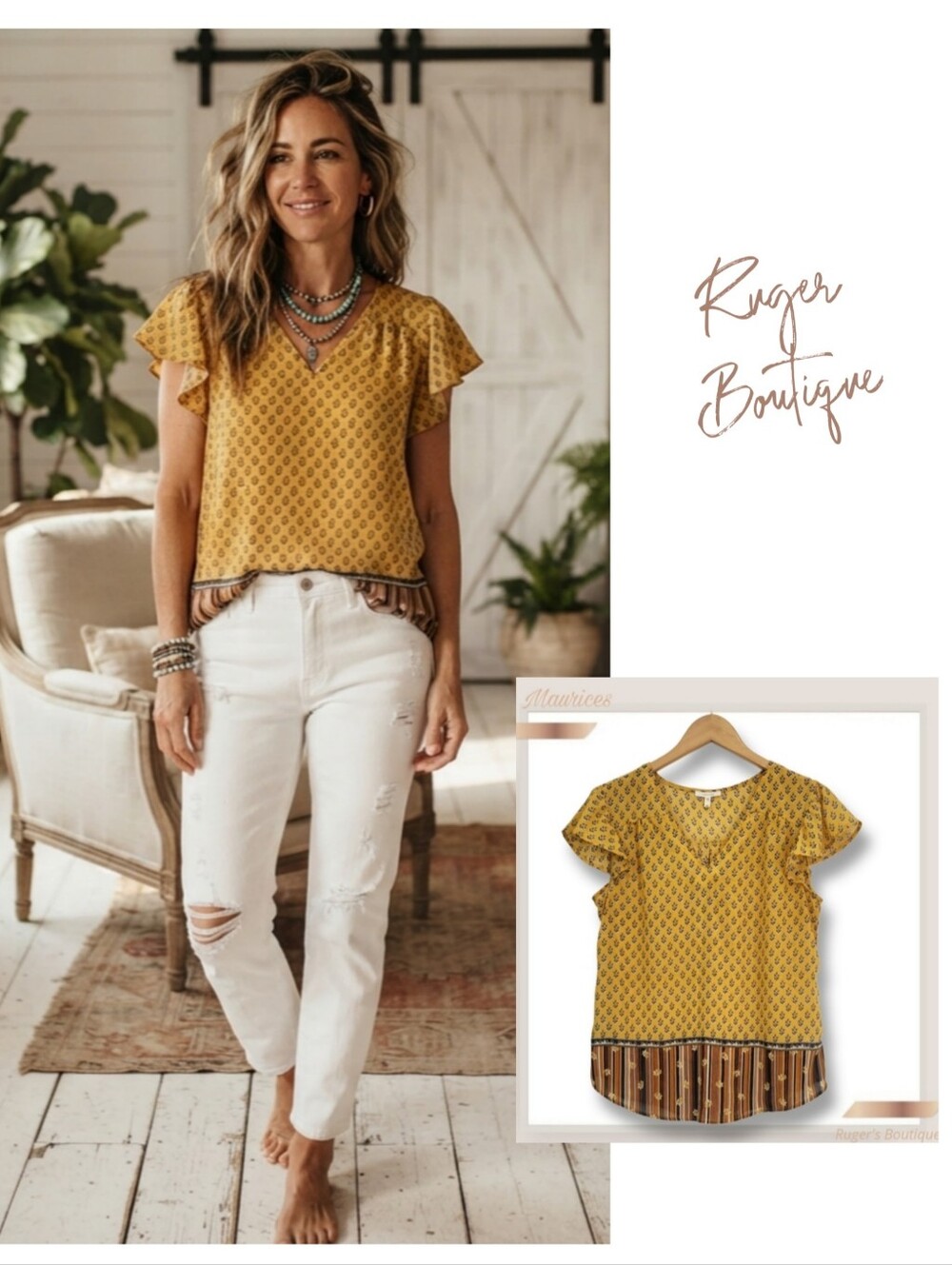 🌿Maurices Women's Medium Yellow Brown Flutter Cap Sleeve Women's Top